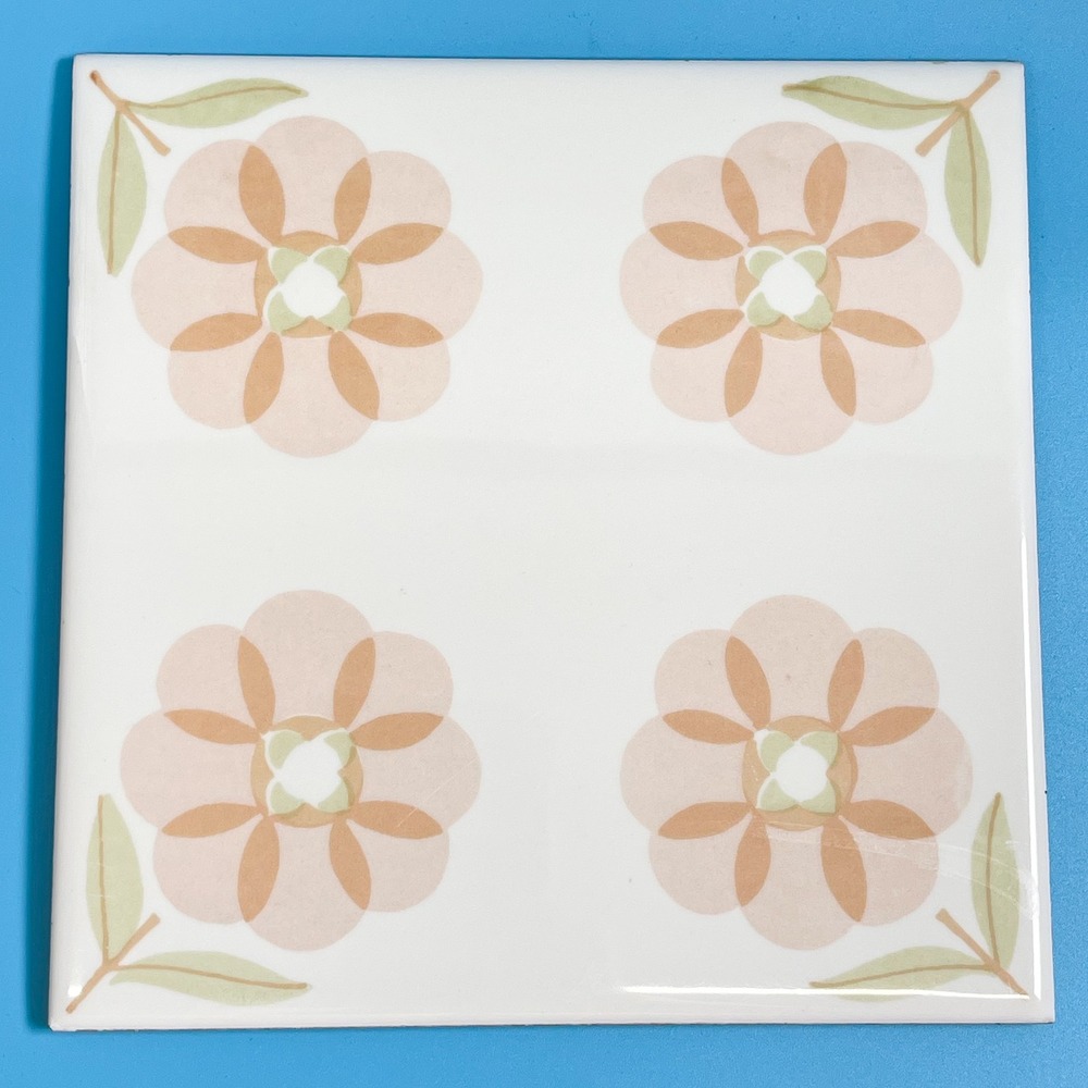 Vintage Floral‎ Ceramic Tile Trivet Peach Green Retro 6x6 Boho 70s Mod Retro